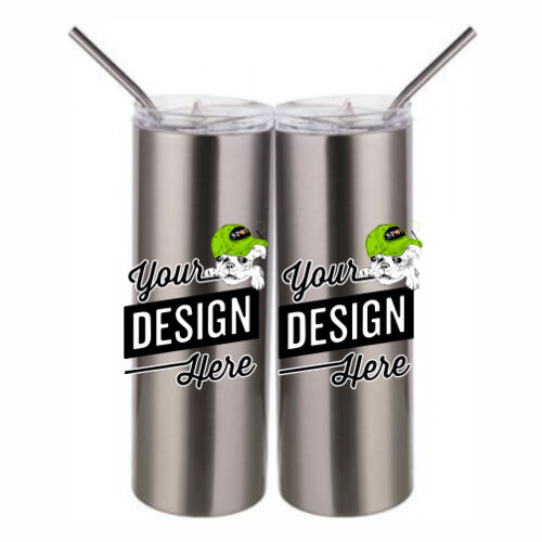 20 oz Stainless Silver Skinny Tumbler with Stainless Straw and Lid Thumbnail
